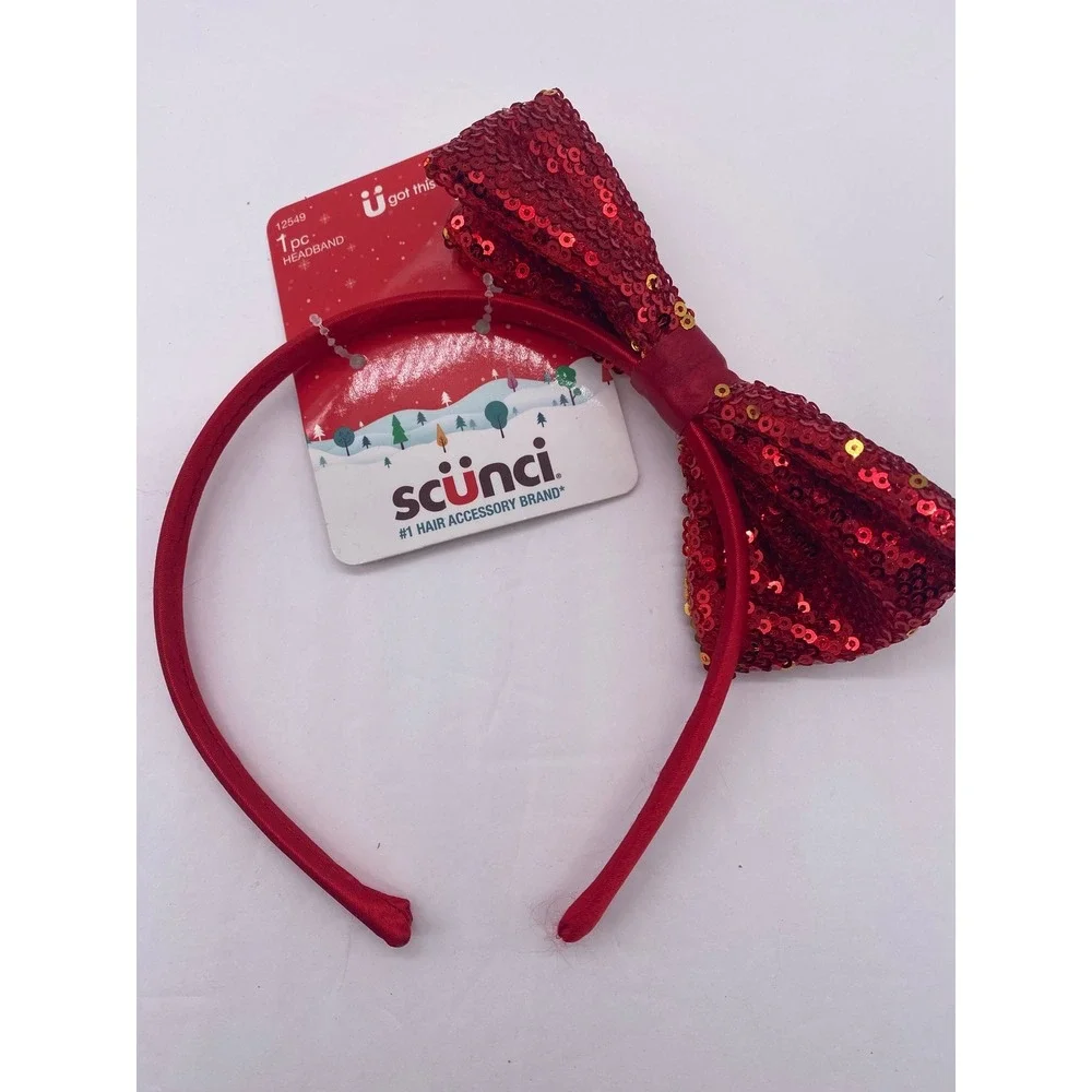 Scunci Red Sequin Bow Headband Girls OS Red Holiday Christmas Party‎ Sparkle